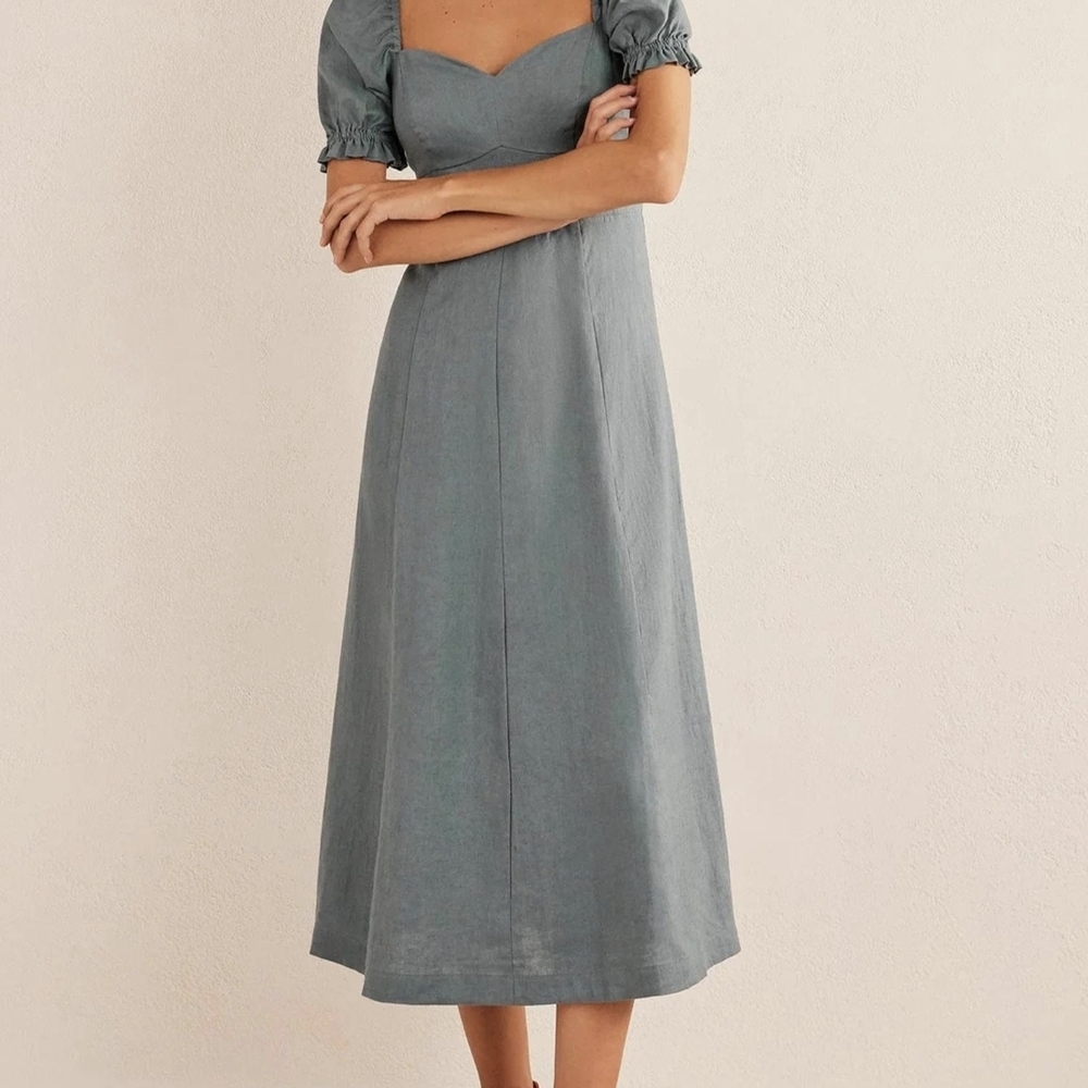 Boden Gray Puff Sleeve Sweetheart Midi Dress